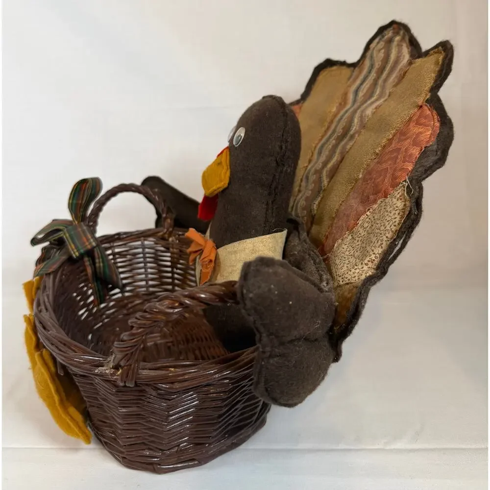 Vintage Handmade Turkey Basket Thanksgiving Decor Primitive Turkey Wicker Basket